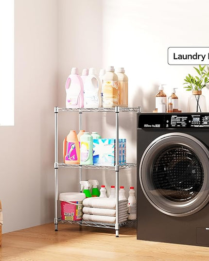 3 Tiers Shelf Metal Storage Shelves Wire Rack Closet Organizers with Wheel for Garage Kitchen Bathroom Laundry Chrome 11.8" D x 17.7" W x 28.8" H