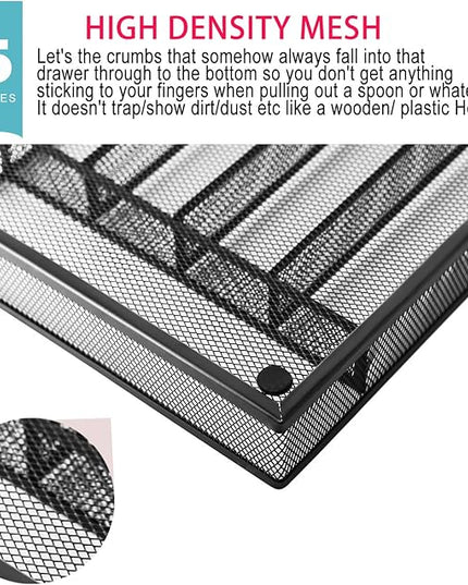 JANE EYRE Utensil Drawer Organizer, Cutlery Tray Silverware Flatware Storage Divider for Kitchen, Mesh Wire with Non-slip Foam Feet, 5 Component, Black