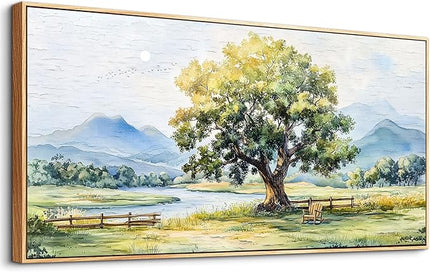 PHAOHUAXM Large Farmhouse Wall Decor For Living Room Wall Art For Bedroom Office Decor Green Tree Ink-Wash Landscape Painting Artwork Canvas Printing Pictures Wall Home Decor 30x60In Wood Framed