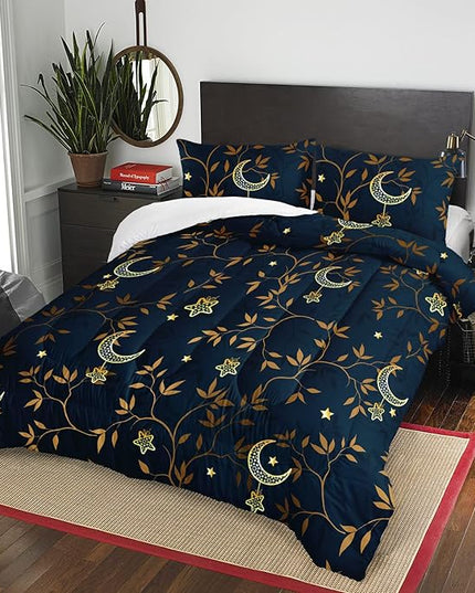 AILONEN Moon Comforter Set Twin Size, Gold Moon Star Leaves Print Bedding Set,Soft Lightweight Quilt Set for Boys Girls Adults Room Decor All Season 3 Pieces, 1 Comforter and 2 Pillowcases