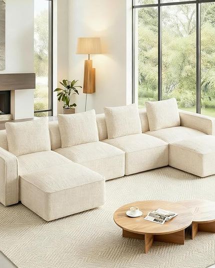 132" Sectional Couch, Locked-in Modular Sectional Sofa, Wood Frame Couches for Living Room, 22" Deep Seat U Shaped Couch with Ottoman Chenille Cloud Sofa Tool-Free Setup Sofas for Living Room
