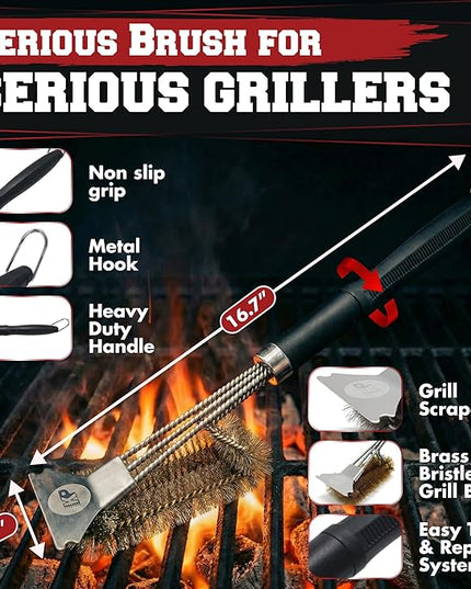 KITCHEN PERFECTION Brass GrillSaver - Safe BBQ Grill Brush with Replaceable Cleaning Head -Heavy-Duty Grill Cleaner w/Scraper for Porcelain & Ceramic Grates, Includes Magnetic Hanger & Bottle Opener