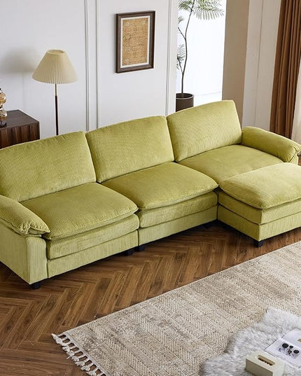 VINGLI 121" L Shape Sectional Couch, Convertible Sectional Couch for Small Living Room,Modern 3-Seat Convertible Loveseat Sofa with 1 Ottoman in Corduroy,Olive Green