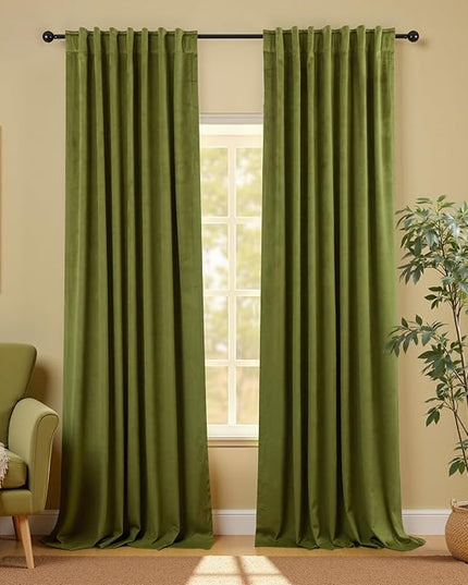 KOUFALL 120 Inch Velvet Blackout Curtains,10 FT 10FT Extra Long Luxury Olive Green Pleated Drapery Panels with Hooks for Traverse Rod