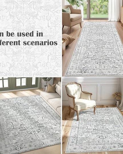 jinchan Lima 8x10 Machine Washable Area Rugs for Living Room - Vintage Floral Stain Resistant Low Pile Ultra-Thin Non Slip Accent Rug for Bedroom Kitchen Dining Room Home Office (8x10ft, Grey)