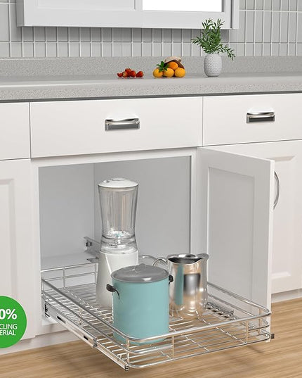 Pull Out Cabinet Organizer (20" W x 21" D), Put Out Shelves for Kitchen Cabinets, Roll Out Drawers Heavy-Duty Metal Sliding Shelf, Bottom Mount