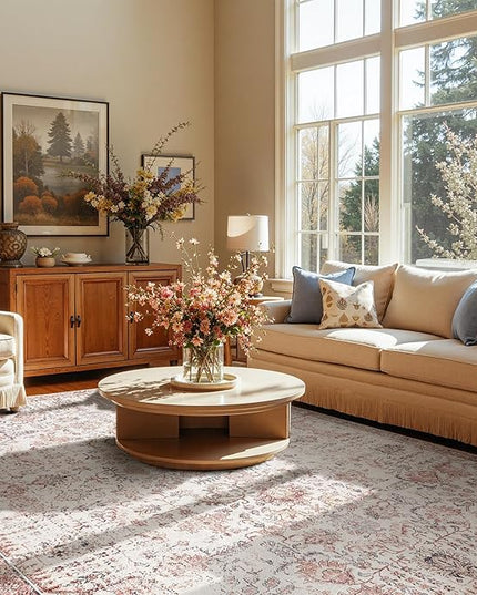 jinchan Kalen Area Rug 9x12 Washable Living Room Rug Vintage Indoor Large Floor Cover Retro Accent Mat Distressed Floral Country Boho Non Slip Thin Carpet for Bedroom Dining Room Office Red Multi