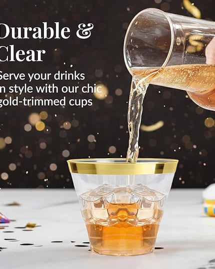 Prestee 100-Pack 9oz Gold Rimmed Plastic Cups Disposable Wine Glasses for Charcuterie, Weddings, Parties, and Events - Elegant Cocktail and Drinking Cups for Champagne, Martini, and Mocktails