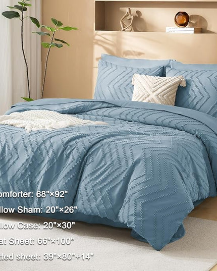Litanika Twin XL Comforter Set Dusty Blue - Boho Tufted Shabby Chic Bed in a Bag for College Dorm, 5 Pieces Fluffy Soft Farmhouse Bed Set for All Seasons