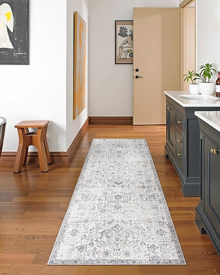 jinchan Kalen Runner Rug 2x7 Washable Hallway Rug Vintage Indoor Thin Retro Floor Cover Distressed Gray Floral Country Lightweight Non Slip Carpet for Entryway Bathroom Bedroom Living Room Grey