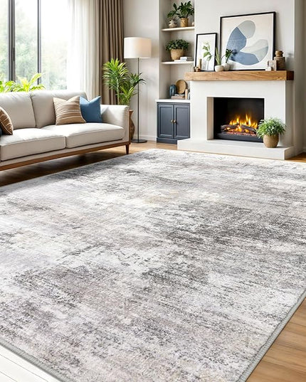 IOHOUZE Abstract Area Rugs 9x12 Ft Washable Large Rugs for Living Room, Non Slip Dining Room Rug, Printed Faux Wool Rugs for Bedroom, Floor Carpet for Office Nursery Playroom, Grey Beige
