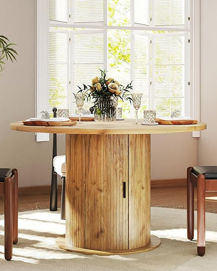 Round Table with Storage,47" Storage Kitchen Table for 4-6 People with Curved Sliding Door Fluted Wood Coffee Table Thickened Tabletop for Dining Room/Kitchen/Living Room,Oak Color