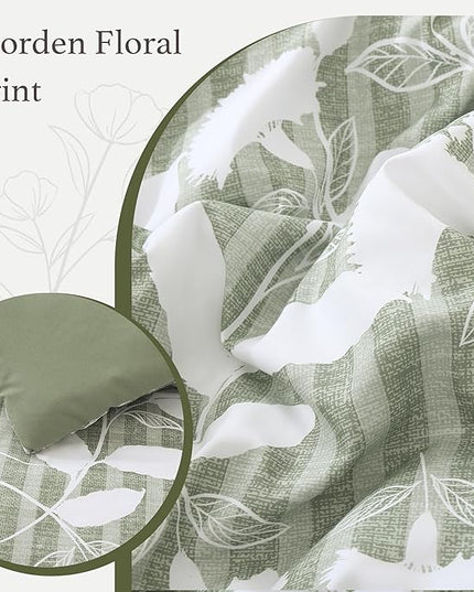 King Comforter Set -7 Pieces Sage Green Floral Comforter Set for All Seasons, Bed in a Bag King with Botanical Flowers Comforter, Sheets, Pillowcases & Shams