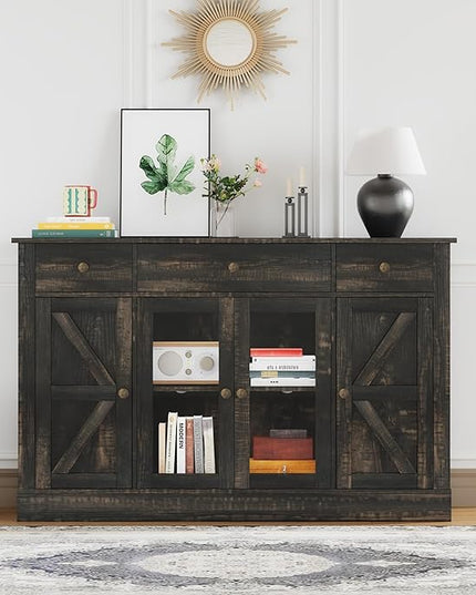 4 EVER WINNER 55" Coffee Bar with 4 Glass Doors and 3 Drawers, Sideboard Buffet Cabinet with Storage, Farmhouse Coffee Bar Cabinet with Adjustable Shelves for Kitchen, Dining Room, Rustic Oak