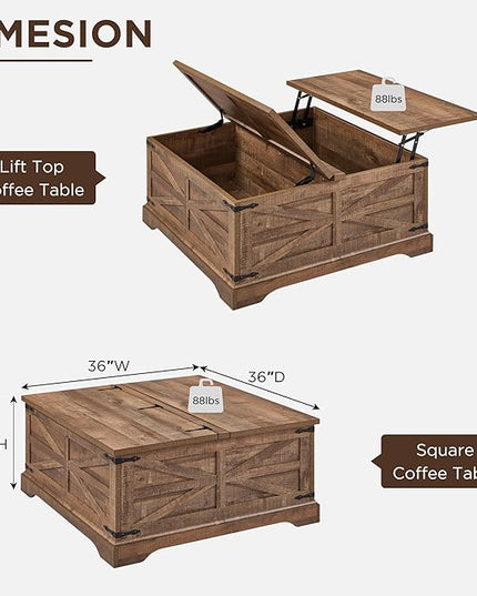 JXQTLINGMU Farmhouse Lift Top Coffee Table with Storage, 36" Wood Square Center Table with Large Hidden Compartment, Rustic Lift Tabletop Dining Table for Home Living Room, Light Brown