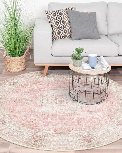 Pink Round Rug 5ft, Circle Boho Area Rugs for Bedroom Living Room,Washable Vintage Bohemian Distressed Oriental Floral Carpet Non Slip,Blush