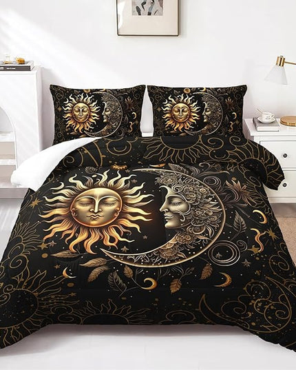 AILONEN Sun and Moon Comforter Set for Boys Girls, Queen Black and Gold Mandala Boho Exotic Style Bedding Set, 3 Pieces Sky Could Star Print Bed in a Bag,1 Comforter with 2 Pillowcases
