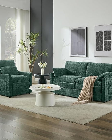 Tbfit Living Room Furniture Set, Loveseat Couch & Accent Chair, Modern Comfy Cloud Sofa Set, Spring Seat Cushions, Chenille Fabric, Green