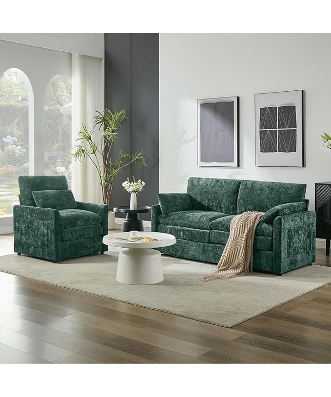 Tbfit Living Room Furniture Set, Loveseat Couch & Accent Chair, Modern Comfy Cloud Sofa Set, Spring Seat Cushions, Chenille Fabric, Green