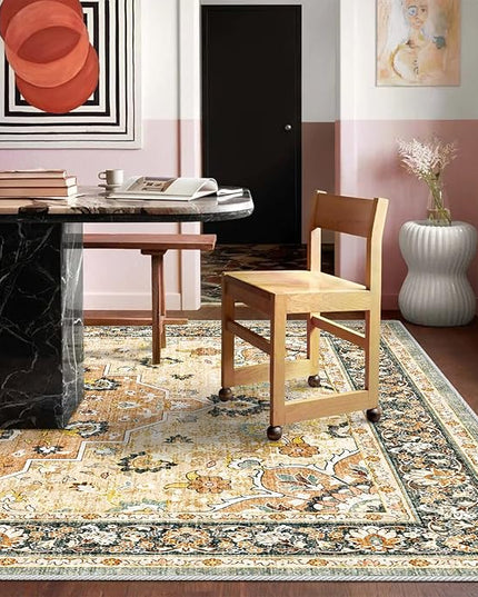 Washable Oriental Area Rug - 9x12 Rugs for Living Room Soft Carpet for Bedroom Waterproof Floral Distressed Indoor Stain Resistant Non-Shedding Floor Carpets (Orange, 9x12)
