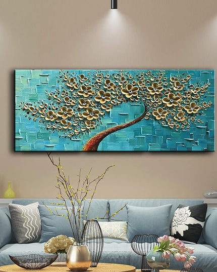 YaSheng Art - 3D Golden Flowers Oil Painting, Oil Painting On Canvas Texture Palette Knife Flowers Tree Paintings Abstract Landscape Artwork Canvas Wall Art Living Room Bedroom Home Decor 24x60inch