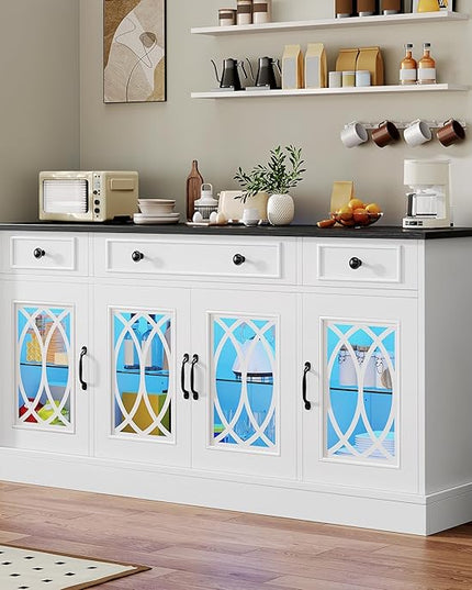 YITAHOME Sideboard Buffet Cabinet with Storage, 65" Buffet Table with 4 Glass Doors and 3 Drawers, Coffee Bar Cabinet with Adjustable Shelves for Kitchen, Living Room, White