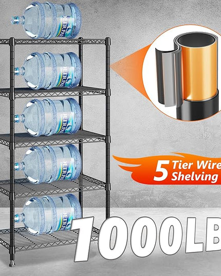 REIBII 1000LBS Wire Shelving Unit, 5 Tier Adjustable Metal Storage Shelves for Kitchen Pantry Office Steel Organizer Wire Rack for Narrow Space, 13.4" D x 23.2" W x 60" H, Black,2PCS