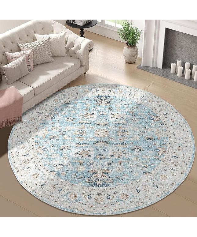 jinchan Round Rug 7ft Area Rug - Washable Boho Vintage Floral Circle 7' Round Floor Cover Lightweight Low Pile Thin Throw Non-Slip Carpet for Kitchen Living Room Bedroom Dining Room Office Light Blue