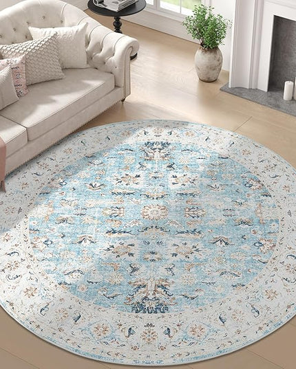 jinchan Round Rug 8ft Area Rug - Washable Boho Vintage Floral Circle 8' Round Floor Cover Lightweight Low Pile Thin Throw Non-Slip Carpet for Kitchen Living Room Bedroom Dining Room Office Light Blue