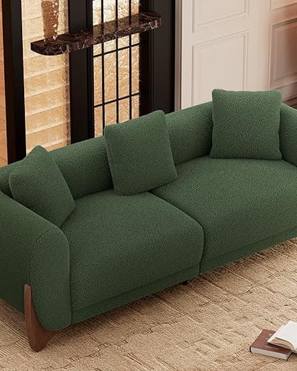 Morden Fort Modern Cloud Couch - 3 Seater Sherpa Boucle Sofa with Wood Legs, Ultra-Thick High Resilience Cushion with 3 Matching Pillows Upholstered Comfy Couch Sofa for Living Room - Forest Green