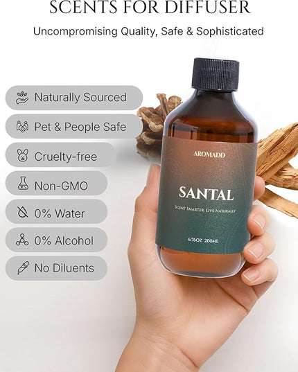 Aromadd Santal Diffuser Oil Inspired by Luxury Hotel Scent, Essential Oils for Waterless Diffuser, Warm Sandalwood & Amber Aroma, Long-Lasting & Natural Home Fragrance - 6.76 fl oz (200 mL)