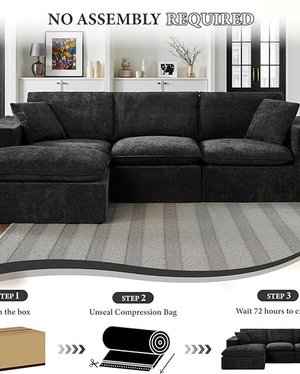 108" Sectional Couches for Living Room Boneless Couch Upholstered Cloud Couchs Sectional Modular Sectional Sofa with L Shaped (Chenille-Black, 3 Seat+1 Ottoman)