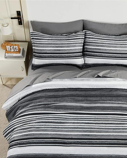 KAKIJUMN 7 Piece Bed in a Bag Stripe Comforter Set King Size, White Grey Black Patchwork Striped Comforter and Sheet Set, All Season Soft Microfiber Complete Bedding Sets(Grey,King)