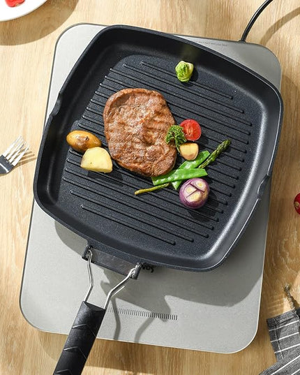 SKITCHN Grill Pan With Folding Handle, Nonstick for Stove Tops, Induction Compatible KBBQ With Pour Spouts, Indoor Square BBQ Grilling - 9IN