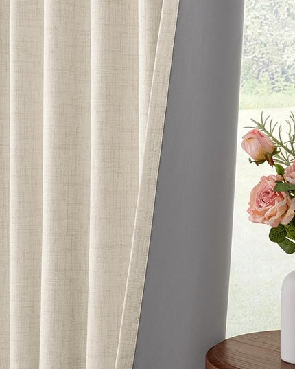 INOVADAY 100% Blackout Curtains for Bedroom, Black Out Curtains 84 Inch Long, Clip Rings Linen Blackout Drapes, Thermal Insulated Room Darkening for Living Room, 2 Panels - Cream,W50xL84