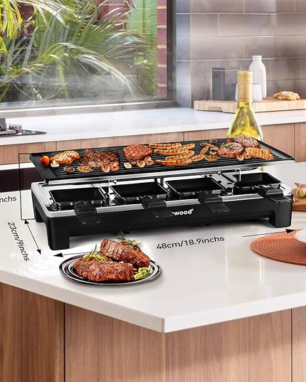 Raclette Table Grill, Techwood Electric Indoor Grill Korean BBQ Grill, Removable 2-in-1 Non-Stick Grill Plate, 1500W Fast Heating with 8 Cheese Melt Pans, Ideal for Parties and Family Fun (Black)