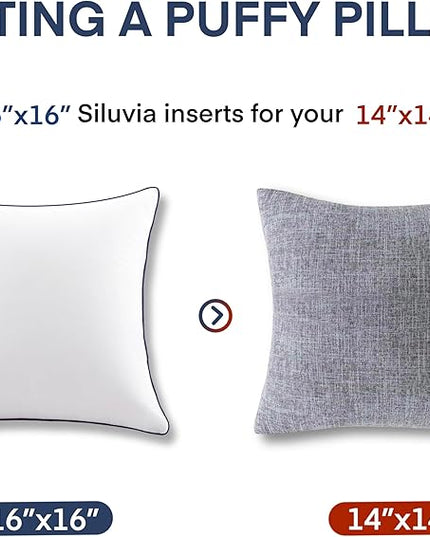 Siluvia 16"x16" Pillow Inserts Set of 2 Square Throw 16 Pillows with 100% Cotton Cover for Sofa, Couch, and Bed - White