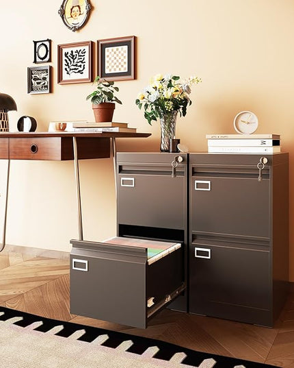 2 Drawer Metal File Cabinet with Lock, Black Locked Filing Cabinets, Vertical Small File Cabinet with Key, Under Desk Filing Cabinets for Home Office