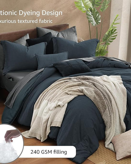 Monbix California King Comforter Set - 7 Pieces Cationic Dyeing Navy Blue Bed in a Bag Cal King Bedding Sets with Comforter, Sheets, Pillowcases & Shams, Reversible Bedding Comforters Sets(108 * 92)