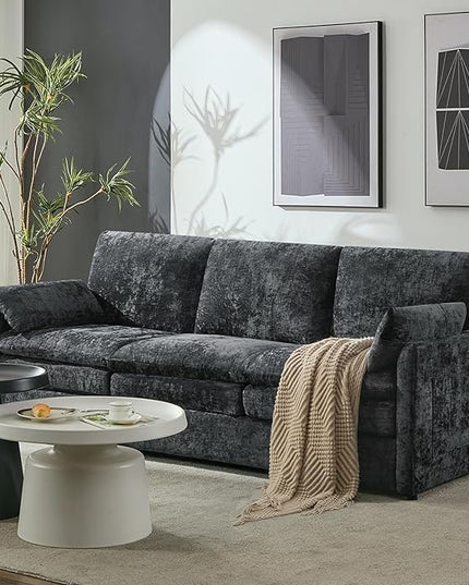 Tbfit Modern Couch, 89" Cloud Sofa, Spring Seat Cushions, Comfy 3-Seater w/Pillows, Chenille Fabric Removable Covers, Soft Upholstered Living Room Furniture for Home Apartment, Dark Gray