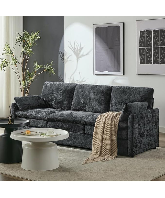 Tbfit Modern Couch, 89" Cloud Sofa, Spring Seat Cushions, Comfy 3-Seater w/Pillows, Chenille Fabric Removable Covers, Soft Upholstered Living Room Furniture for Home Apartment, Dark Gray