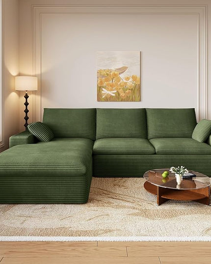 107" Cloud Couch Modular Sectional Sofa for Living Room, L-Shape Boneless Couch with Deep Seat, Modern Corduroy 3-Seater, No Assembly Required (Green,Left-Facing Chaise)