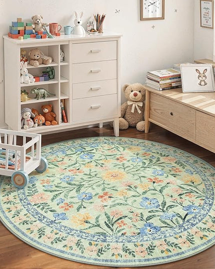 Wonnitar Washable Floral Round Rug, 6ft Sage Green Round Area Rugs for Bedroom Nursery, Boho Non-Slip Indoor Large Circle Carpets for Dining Room Living Room Kids Playroom