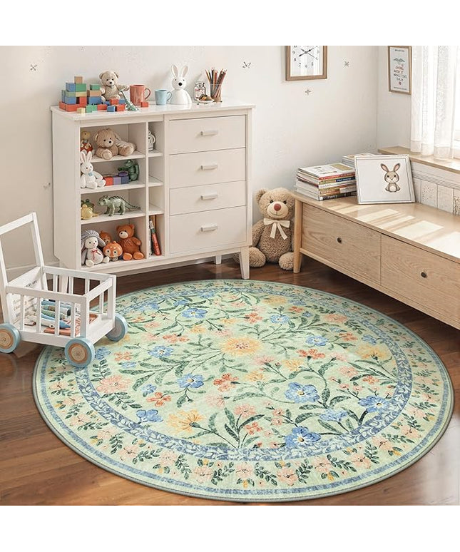 Wonnitar Washable Floral Round Rug, 6ft Sage Green Round Area Rugs for Bedroom Nursery, Boho Non-Slip Indoor Large Circle Carpets for Dining Room Living Room Kids Playroom