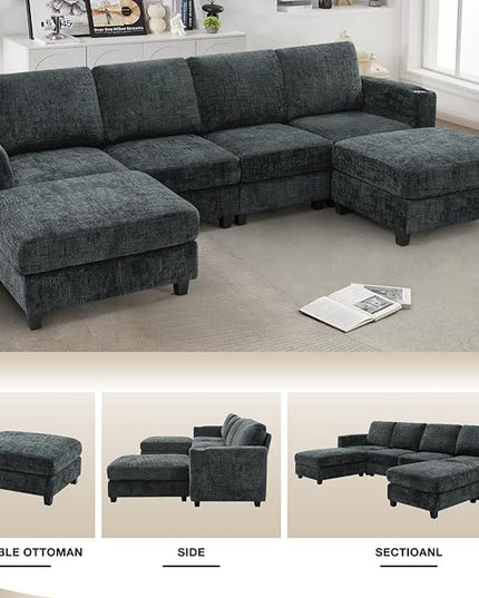 110" Chenille U-Shape Sofa with Flexible Ottomans, Comfy Sectional Sofa with 2 Built-in Cup Holders, Convertible 4 Seats Couch with Well-Filled Back Cushions for Living Room, House, Grey