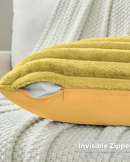 FUTEI Mustard Yellow Throw Pillow Covers Set of 2, 12x20 Inch Striped Texture Lumbar Pillow Cases with Soft Faux Rabbit Fur Front & Velvet Back, Modern Decorative Couch Pillows for Living Room