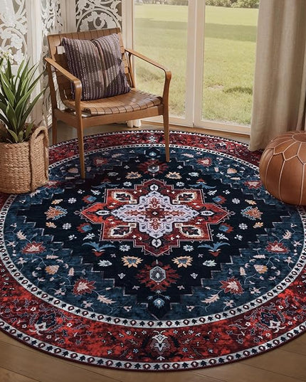 Ciicool Boho 5x5ft Round Area Rug Washable Bedroom Rug Non-Slip Oriental Entryway Throw Rug Low-Pile Indoor Carpet for Dining Room