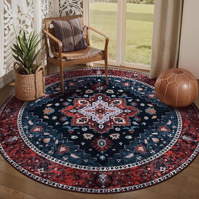 Ciicool Boho 5x5ft Round Area Rug Washable Bedroom Rug Non-Slip Oriental Entryway Throw Rug Low-Pile Indoor Carpet for Dining Room