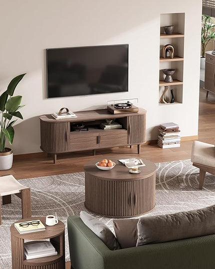 Round Coffee Table with Storage, 31.5" Drum Coffee Table with Lifting Top, Small Fluted Accent Center Table for Living Room, Walnut