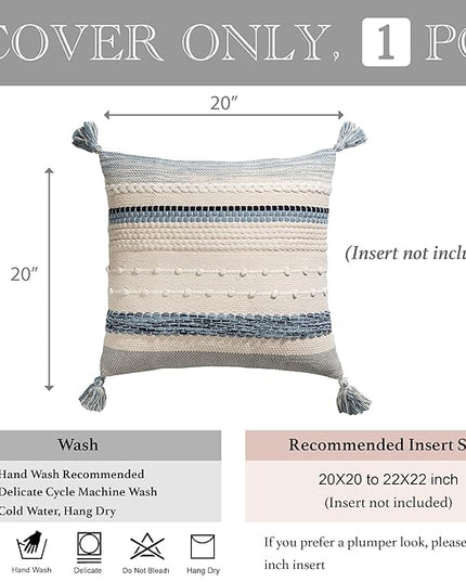 BlissBlush Coastal Blue Boho Decorative Throw Pillow Cover 20x20 Modern Bohemian Accent Pillow Case Square Woven Textured Farmhouse Pillows for Couch Bed (Pack of 1)